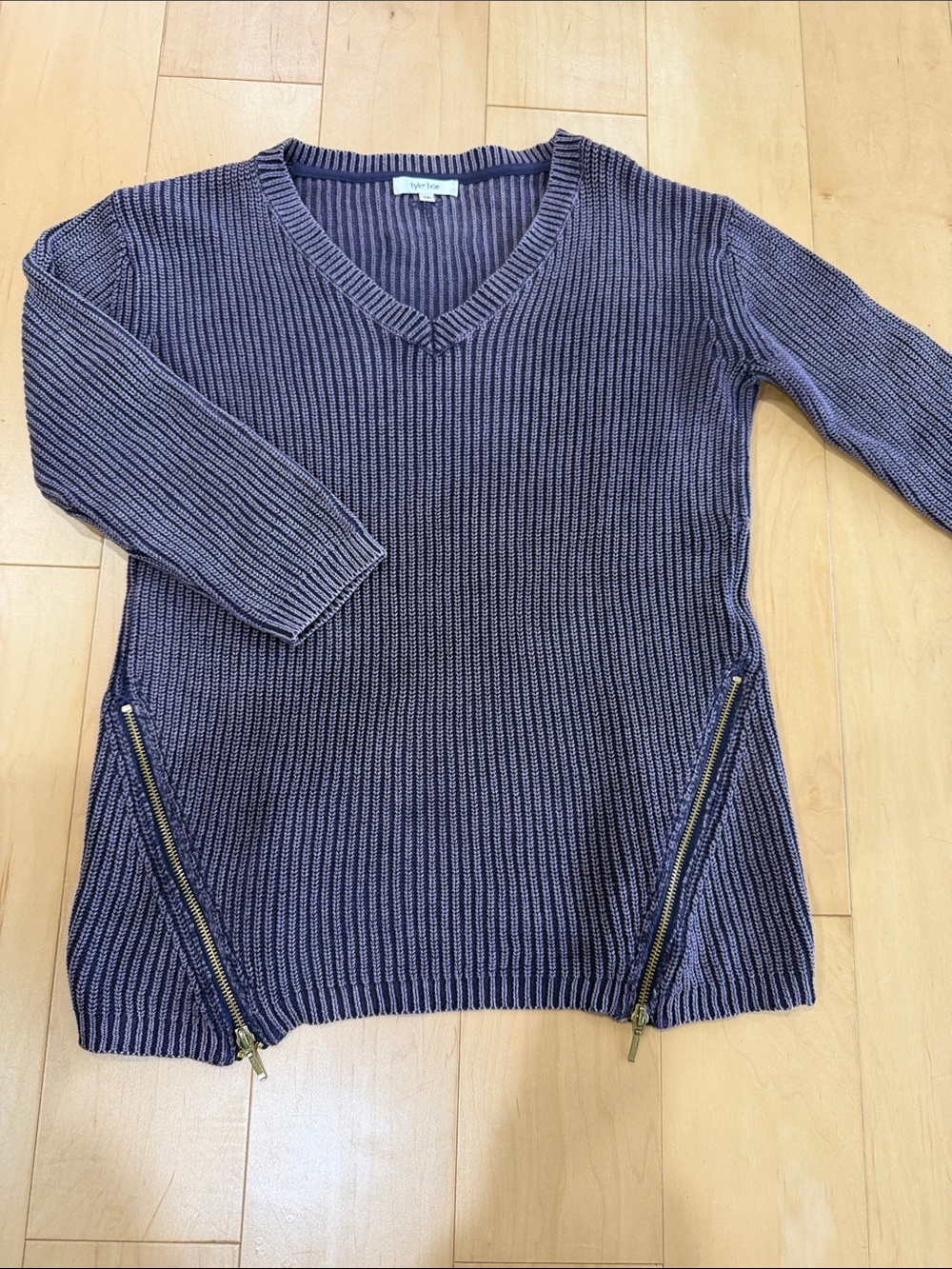 Tyler Boe purple ribbed knit cotton sweater with zippers and vneck - size XS